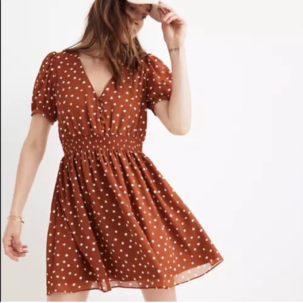 Madewell Smocked-Waist Mini Dress in Inkspot Dots Size XS Polka Dots